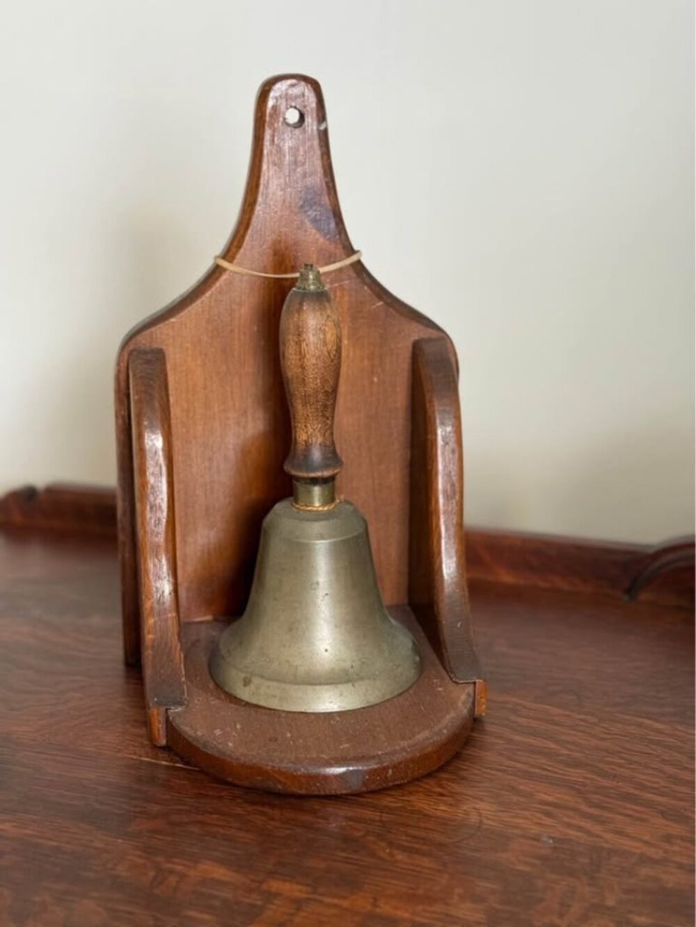 Antique School Hand Bell Heavy Brass Wood Handle Wood Wall Mount Shelf